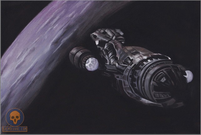 A spaceship passing by a planet.