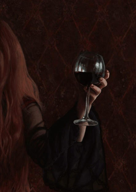 a woman sitting in the shadows holding a large glass of wine as if she is mocking the bible.