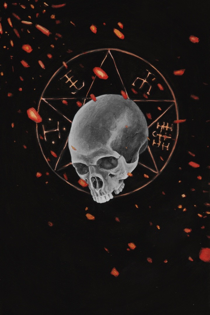 a floating skull with ritual runes behind it, the runes are glowing and burning.