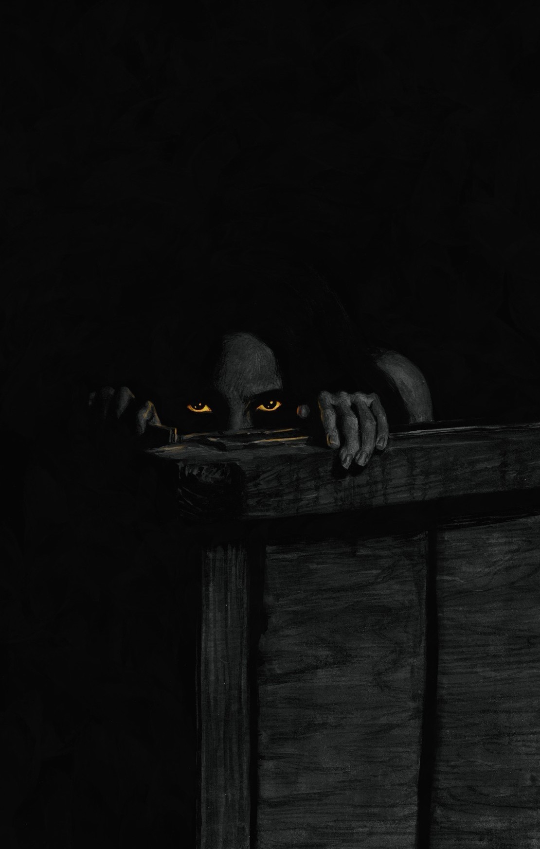 An almost black painting with a figure hiding in shadows with glowing eyes