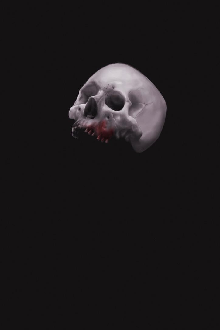 painting of a skull with blood around its teeth area with black background
